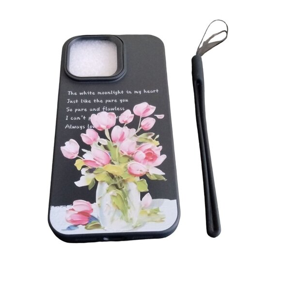 Iphone 15 Pro Max Black Pink Tulip Poem Matte Case Design With Wrist Strap - Picture 2 of 7